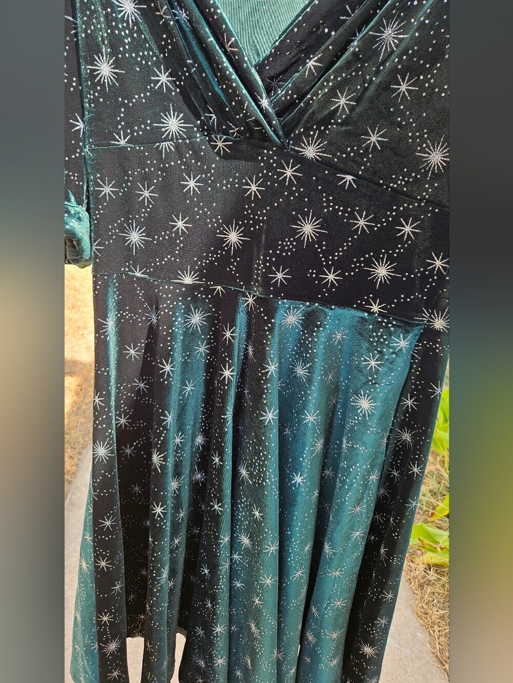 Unique Vintage Delores Velvet Celestial Swing Dress Green Silver Stars XL 14 - Picture 7 of 14